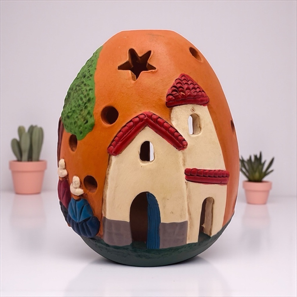 Peruvian Folk Art Nativity Tea Light Holder Hand Painted Terracotta 5.5"
